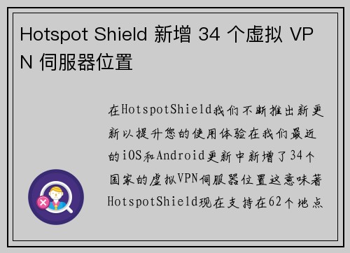 Hotspot Shield 新增 34 个虚拟 VPN 伺服器位置 